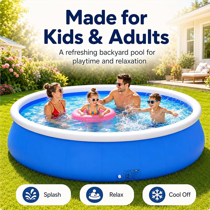 Large Round Inflatable Pool for Kids & Adults, Outdoor Oversized Thickened Family Swimming Pool with Quick Drain & Foldable Mesh Coil Structure, Family Swimming Pool for Backyard