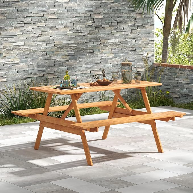 Tangkula Picnic Table with 2 Benches, Outdoor Wood Picnic Table Bench Set with 2-Inch Umbrella Hole, Slatted Tabletop & Seat, Outside Table and Bench Set for Garden, Backyard, Porch, Patio