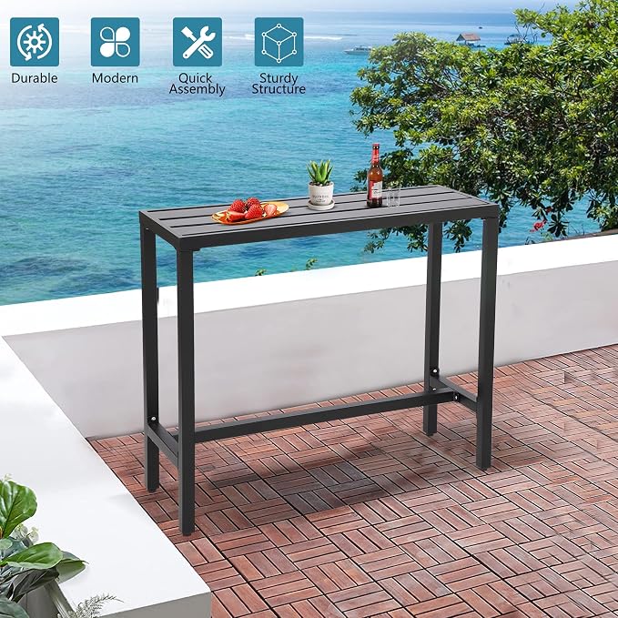 Outdoor Bar Table, Patio Console Pub Height Tables with Powder Coated Steel Frame, Weather Resistant Waterproof Top for Hot Tub, Balcony, Garden, Yard, Poolside (Black, 47" Narrow Bar Table)