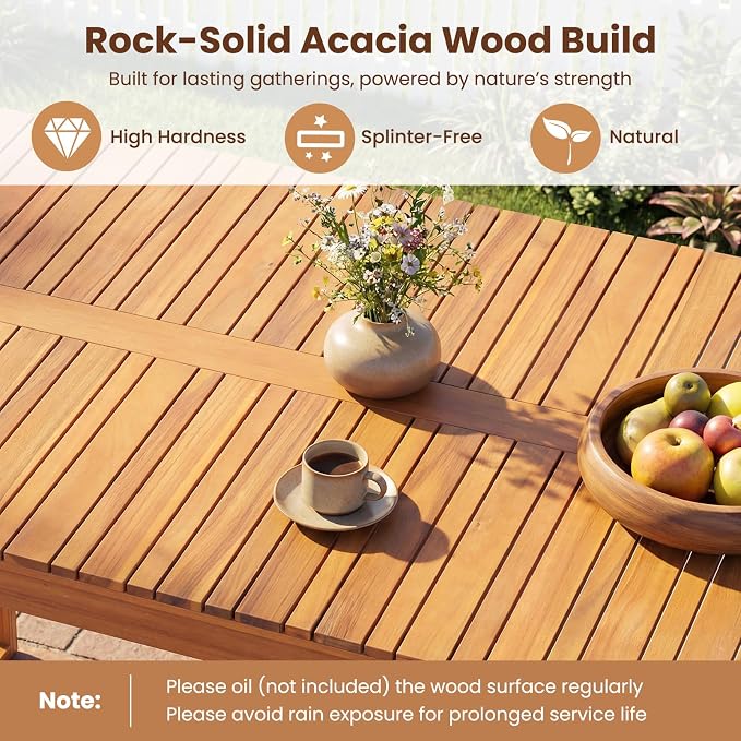 HAPPYGRILL 3 Pieces Acacia Wood Patio Dining Set, Outdoor Table with 2 Benches for 4 People, Wooden Dining Furniture Set for Yard, Garden, Porch