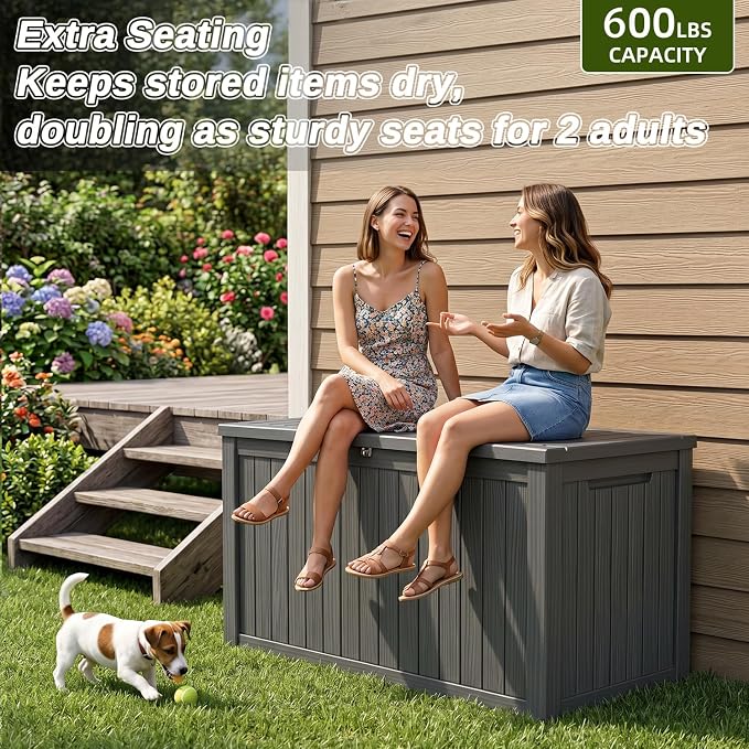 200 Gallon Deck Box, Extra Large Waterproof Outdoor Storage Box with Hydraulic Rod, Weatherproof Resin, Lockable Wood-grain Finish Container for Patio Furniture, Garden, Pool and Garage (Black)