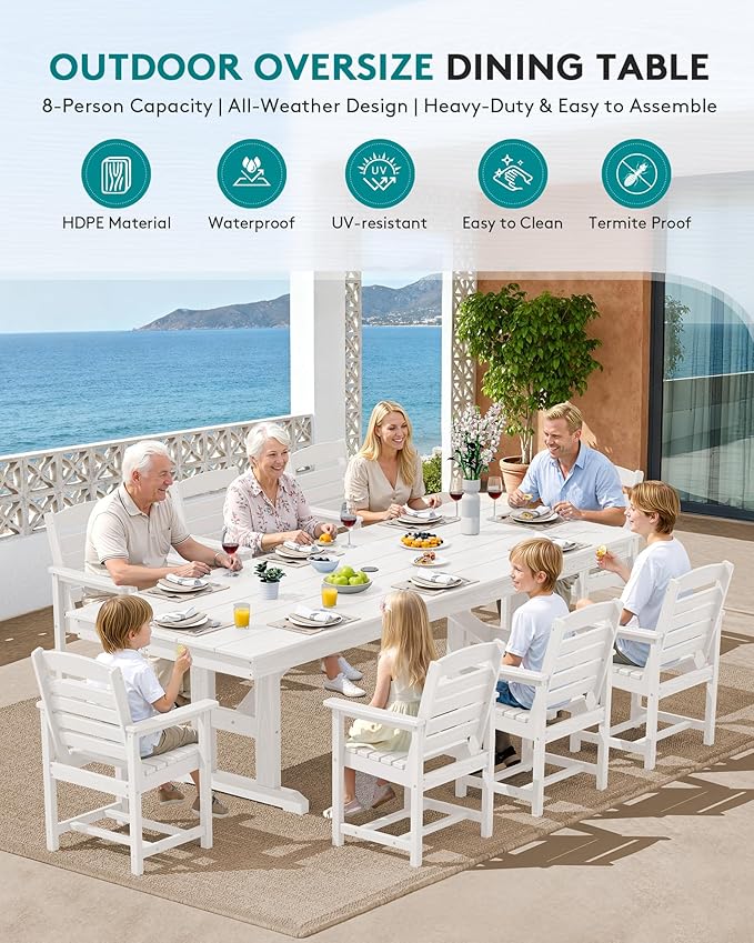 SERWALL 10 Piece Outdoor Dining Set with 15ft Triple-Head Foldable Umbrella(Based not Included), 84" HDPE Outdoor Table and Chairs for 8, White