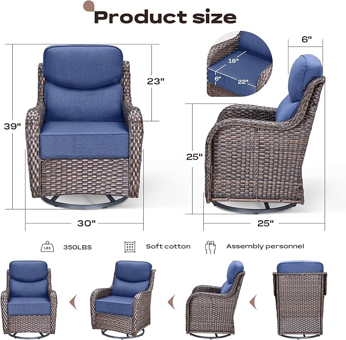 Rilyson Wicker Outdoor Swivel Rocker Chairs - All Weather Resistant Wicker Patio Furniture Set of 2 with High Back and 6 inch Thick Cushions for Deck Porch Yard and Poolside, Brown/Blue