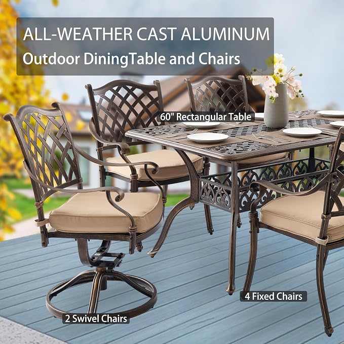 7-Pcs Cast Aluminum Patio Dining Set,59" Rectangular Table,Bronze | Outdoor Furniture Set Include Dining Table, 4 Stackable Chairs & 2 Swivel Chairs with Cushions & Umbrella Hole