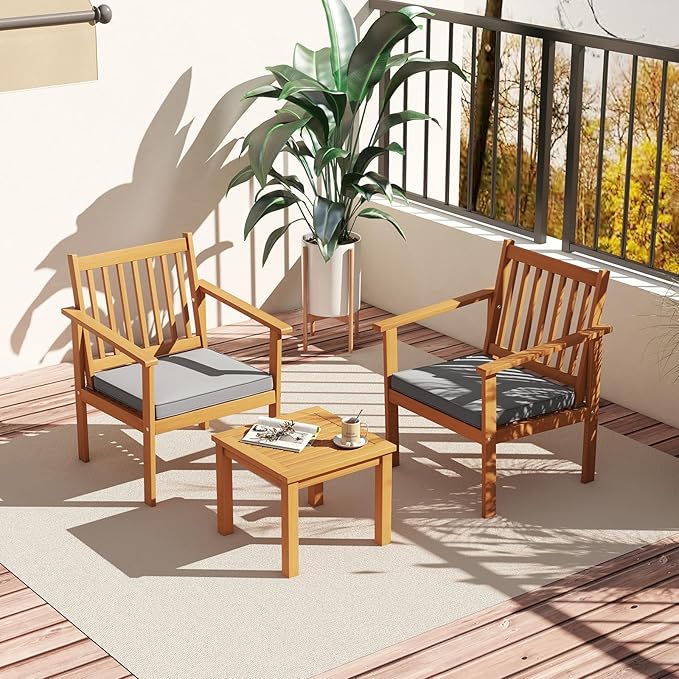 Tangkula 3 Pieces Patio Wood Furniture Set, Acacia Wood Chairs and Coffee Table Set with Soft Cushions, Slatted Design, Outdoor Furniture Set for Porch, Yard, Balcony (Grey)
