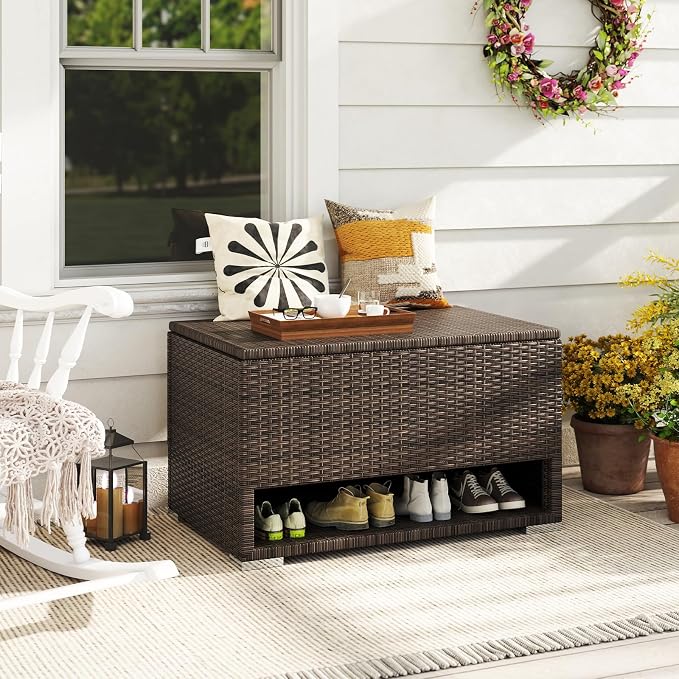 RELAXLIFE 48-Gallon Outdoor Storage Box - PE Wicker Patio Storage Bin w/Shoe Rack Shelf, Protective Liner for Cushion, Garden Tools, Pool Supplies, Backyard Pillows, Outside Furniture Rattan Deck Box