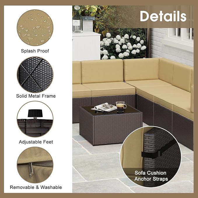 kinbor 7 Piece Outdoor Furniture Set - Waterproof Brown PE Wicker Patio Sofa with Cushions for Backyard, Poolside & Porch, Khaki