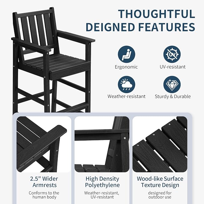 Adirondack Bar Chair Set of 2, All Weather HDPE Counter Height Bar Chair with Wide Armrests & Footrest, Heavy-Duty Outdoor Bar Height Barstools Set for Patio, Balcony, Pool, Backyard, Black