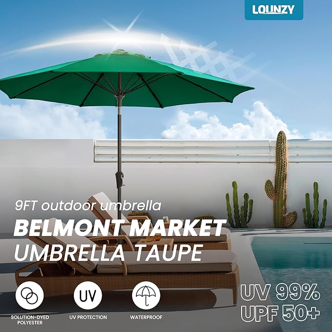 LOUNZY 9FT Large Outdoor Patio Umbrella Table Umbrella-UV Resistant,Easy Push Button Tilt and Crank,8 Sturdy Fiberglass Ribs Pool Umbrella for Patio,Backyard,Deck,Yard,Market