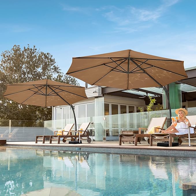 LAUSAINT HOME 11FT Curvy Cantilever Patio Umbrella with Base, 360° Rotation Offset Outdoor Umbrella, Heavy Duty Hanging Umbrella for Backyard, Pool, Garden（Tan）