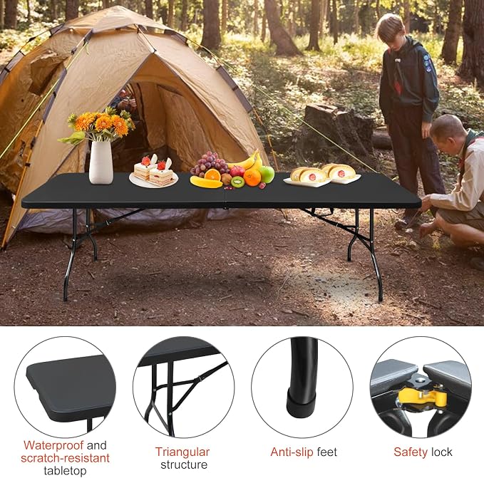 Portable 8Ft Folding Table, Heavy Duty Plastic Fold-in-Half Utility Foldable Dining Table, Multi-Purpose Plastic Folding Table with Carrying Handle for Camping and Party Indoor/Outdoor (Black)
