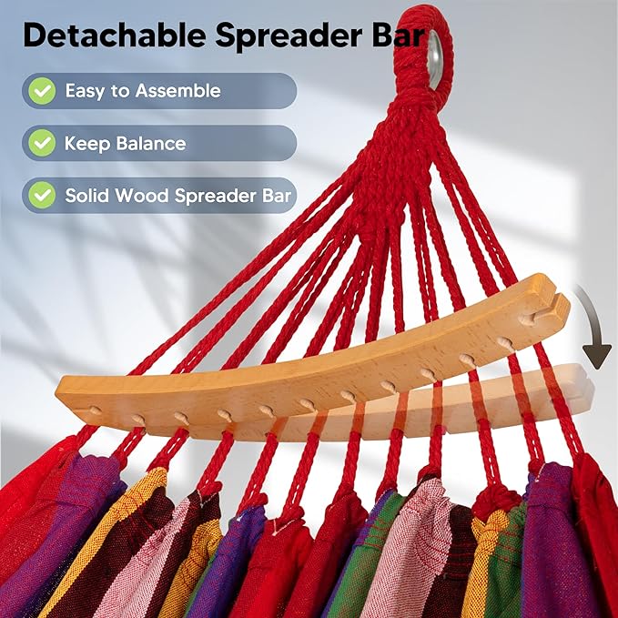 SUNCREAT Hammocks Outdoor Camping Double Hammock with Spreader Bar, Carrying Bag, Backyard Hammock for Outside, Red & Yellow