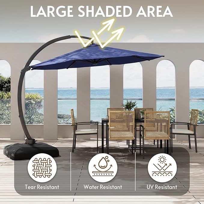 11FT Cantilever Patio Umbrella with Base Included, Large Cantilever umbrella with 360°Rotation, Heavy-Duty Offset Outdoor Umbrella for Patio,Pool,Garden and Backyard (Navy Blue)