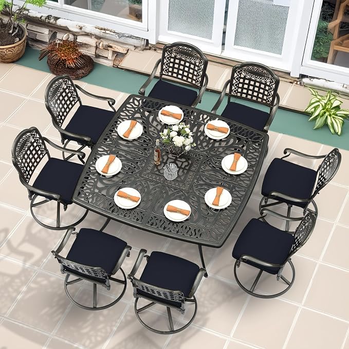 MEETWARM 9-Piece Outdoor Patio Dining Set, All Weather Cast Aluminum Patio Funiture Table and Chairs Set- Large 64" Square Table and 8 Cushioned Swivel Rocker Chairs, Umbrella Hole, Navy Blue