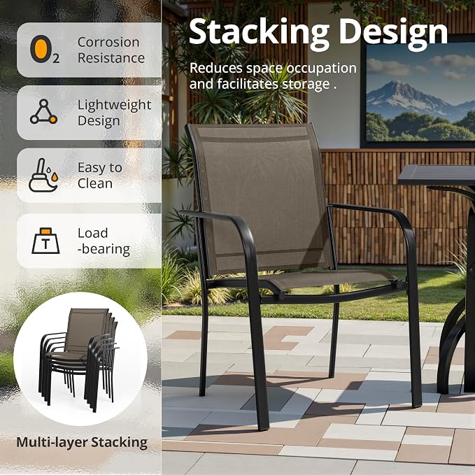 SUNCROWN 8 - Piece Outdoor Dining Set, Patio Furniture Set with 6 Textilene Dinning Chairs, 1 Rectangle Metal Table and 1 Brown 9Ft Patio Umbrella for Lawn Garden Backyard Deck, Brown