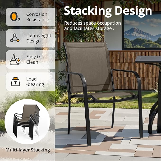SUNCROWN 7 - Piece Outdoor Dining Set, Patio Furniture Set with 6 x Textilene Dinning Chairs and 53" Metal Round Table with Umbrella Hole for Lawn Garden Backyard Deck, Brown