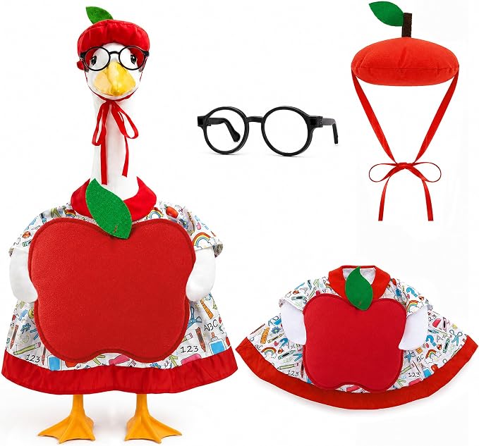Watayo 3 Pcs Back to School Porch Goose Outfits, Classroom Apple Goose Clothes Set Includes Hat Clothes and Glasses, Funny School Goose Costume for 23" H Statue Outdoor Garden Yard Patio Lawn Decor