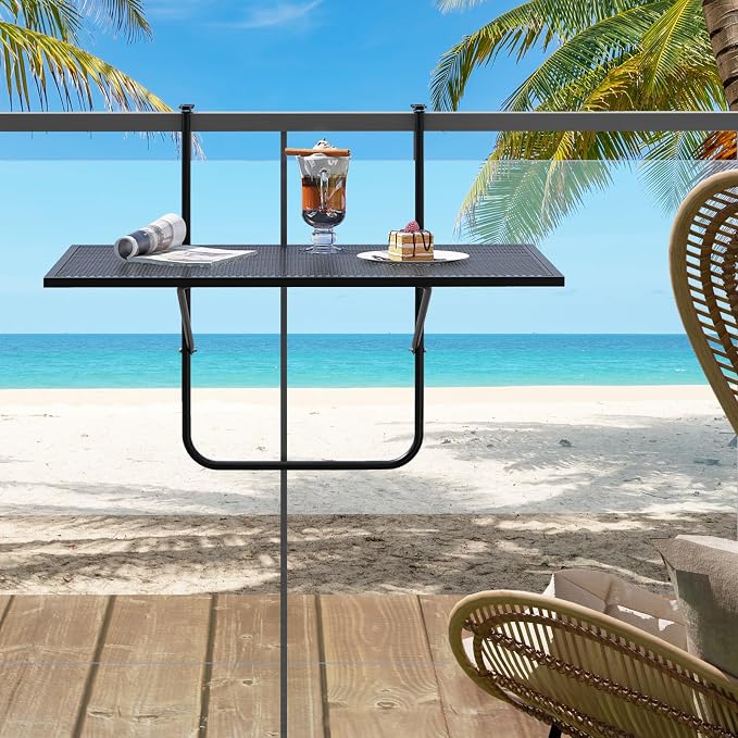 Giantex Balcony Table, Folding Outdoor Side Table for Railings Up to 2.4" Thick, Space-Saving Railing Serving Table with Metal Frame, Foldable Bar Table for Patio, Porch, Deck (24”x20”x20”)