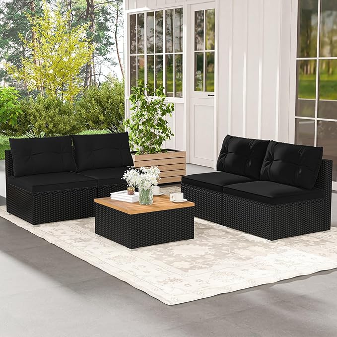 5 Pieces Patio Furniture Set, Outdoor Sectional Sofa with Acacia Wood Coffee Table & Cushions, Wicker Patio Conversation Set for Porch, Deck, Balcony, Poolside & Backyard (Black)