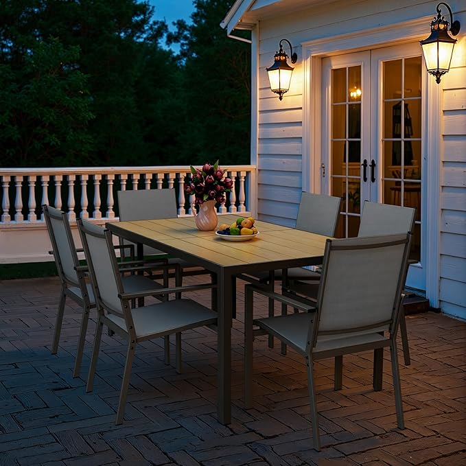 Ahomly Patio Table and Chairs Set for 6, Outdoor Dining Set Includes 59.5" Rectangle Patio Table with Side Umbrella Hole and 6 Textilene Fabric Patio Chairs for Courtyard, Backyard, Pool, Grey&Brown