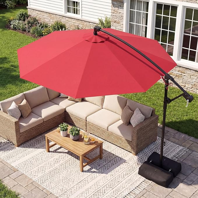 Tangkula 10ft Patio Umbrella with Base Included, Offset Cantilever Outdoor Umbrella with 360 Degree Rotation, Crank Handle, Sun-Protective Canopy for Pool Deck Garden Backyard (Red)