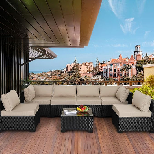 Valita 7 Pieces Outdoor Wicker Furniture Conversation Set Patio Sectional Sofa Set Glass Table with Non-Slip Cushions Furniture Cover, Khaki