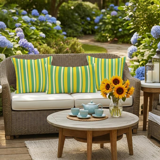 Lemon Green Yellow Outdoor Pillow Covers 16x16 Inch Throw Pillow Covers Set of 2 Waterproof Decorative Pillow Cases Summer Modern Farmhouse Striped Cushion Covers for Patio Furniture Garden Couch Sofa