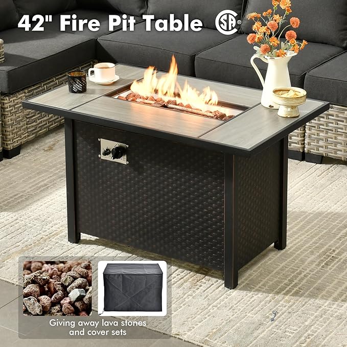 Weaxty 10 Pieces Outdoor Patio Furniture Set with Swivel Rocking Chair, Outdoor Sectional Sofa Couch Wicker Modular Patio Conversation Set w/42 Fire Pit and Coffee Side Table,Black