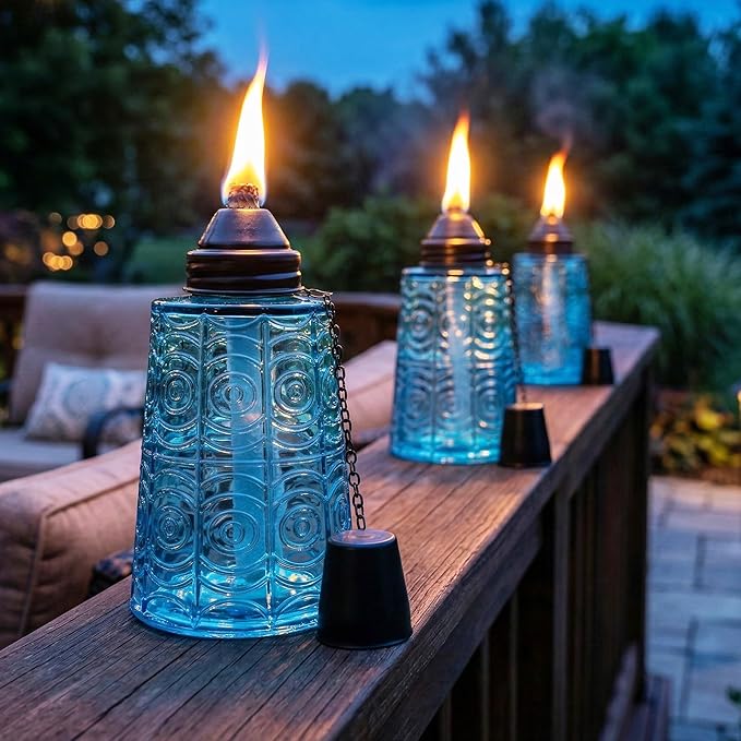 Seraphic Citronella Table Top Torches for Outdoor Patio, 16oz Decorative Glass Torch Citronella Candles for Outside Deck, Garden, Parties, Set of 3, Blue