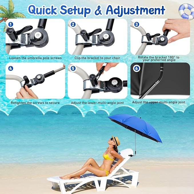 Sadnyy 6 Pcs Beach Chair Umbrella with Universal Clamp, 360 ° Adjustable Clip on Umbrellas 42" UPF 50+ Portable Sun Shade for Beach Chair Patio Camping Wheelchair Stroller Golf Cart