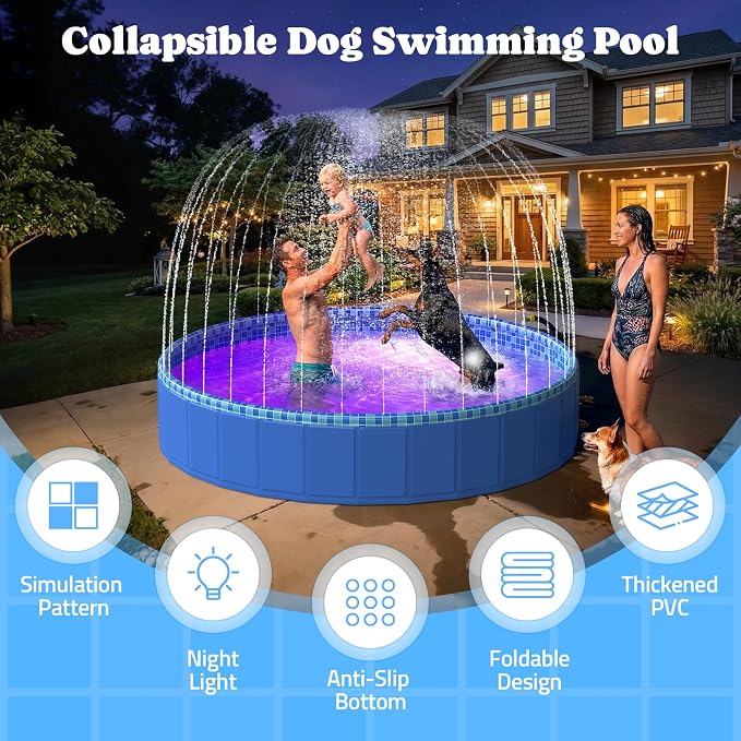 Foldable Kiddie Pool with Sprinkler RGB LED Light, 87" Collapsible Hard Plastic Dog Swimming Splash Pool for Small Medium Large Doggie Kitty Puppy, Pet Bathing Tub Wading Pool for Dogs Blue