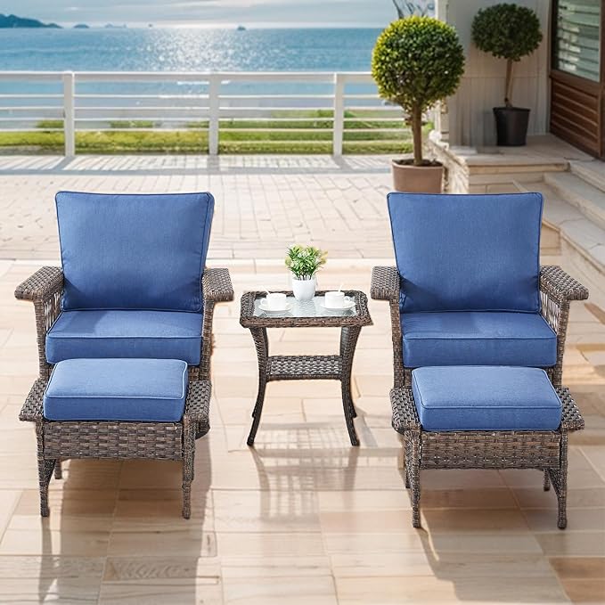 Outdoor Wicker Patio Furniture Set - 5 Piece Rattan Patio Conversation Sets with 2 Swivel Rocking Chairs,2 Ottomans and 1 Side Table for Porch Deck Garden(Brown/Blue)