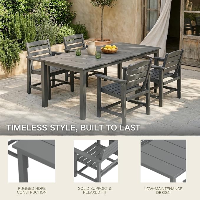 Kingdura 5 Piece Patio Dining Set for 4, 75.2'' HDPE Outdoor Dining Table Set with 2" Umbrella Hole, Weather-Resistant Outdoor Furniture, Table and Chairs Set for Backyard Pool Garden, Grey