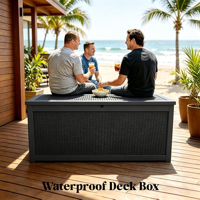 MAKINO 317 Gallon Large Resin Outdoor Storage Box, Waterproof Deck Box, Lockable Deck Container with Reinforced Support, Outdoor Chest for Patio Accessories, Outdoor Cushions, Garden Tools, Black