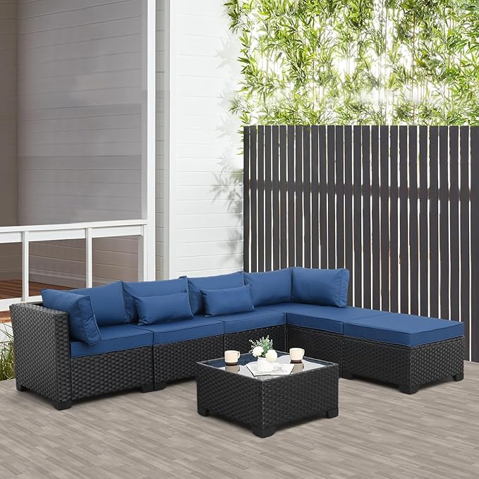 7 Pieces Outdoor PE Wicker Furniture Set Patio Rattan Sectional Conversation Sofa Set with Navy Blue Cushions and Glass Top Table