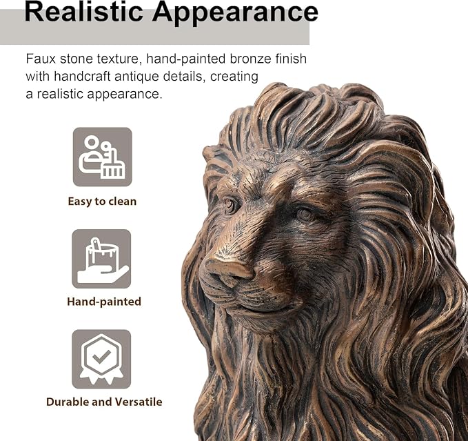 20.5" Brown Lion Statue, Resin Outdoor Guardian Sculpture | Weather-Resistant Finish, Simulated Animal Decor, For Villa Garden Park Resort, Home Courtyard