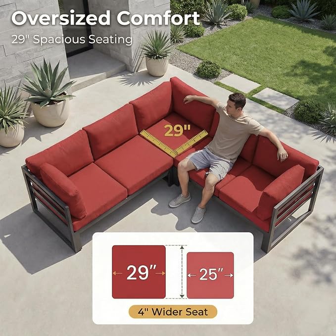 RADIATA 6 People Large Luxury Aluminum Patio Conversation Set with Fire Pit Table Propane/Gas, 29" Deep Wide U Shaped Sectional Couch, 500 lbs Heavy Duty UV Resistant Outdoor Sofa for Front Yard, Red