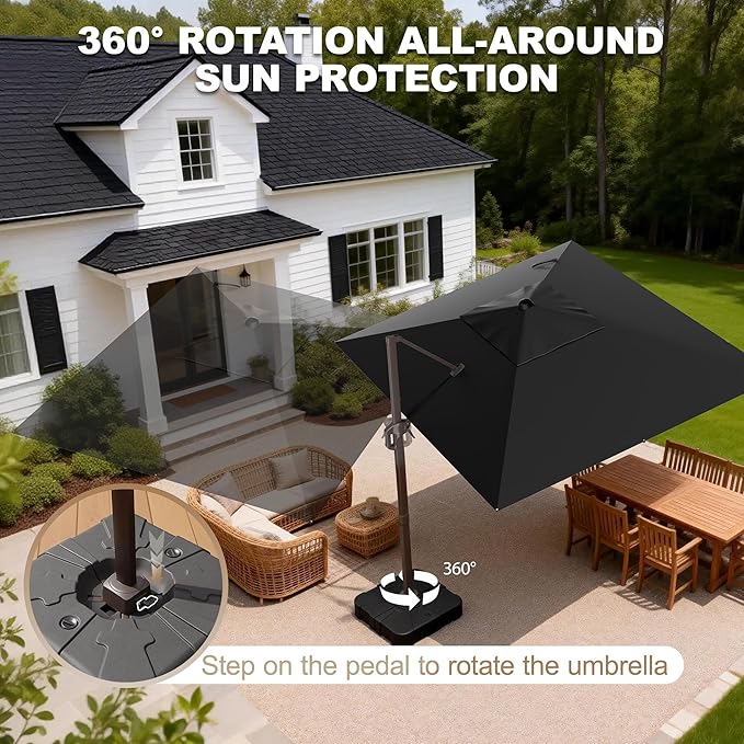 9' X 12' Cantilever Patio Umbrella Rectangle Outdoor Umbrella with Base Included, 6-Level Tilt & 360° Rotation Offset Umbrella for Garden, Deck, Pool (Black)