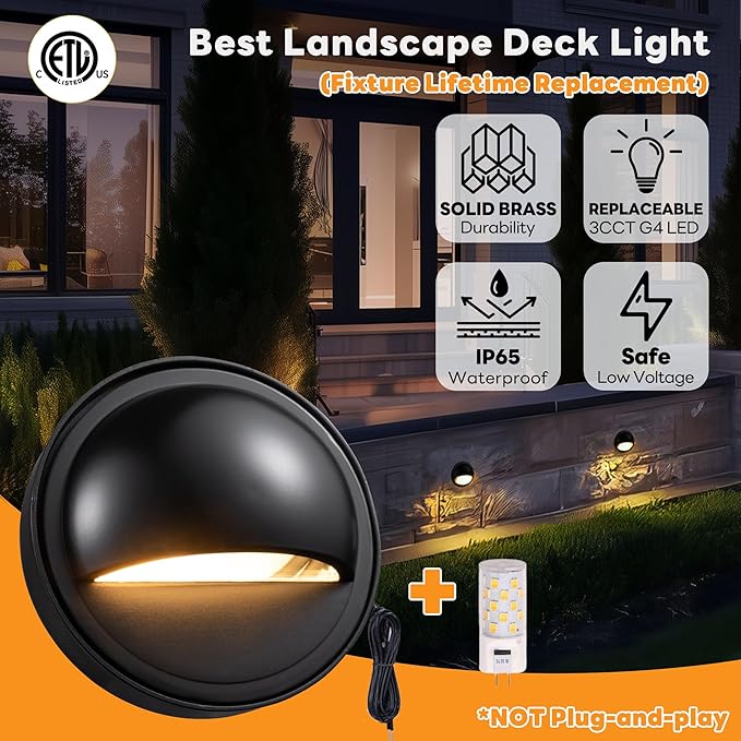 Gardenreet Landscape LED Step Lights - Solid Brass Low Voltage Deck Lights, Outdoor 12V Hardwired IP65 Waterproof Black for Wall Garden Stair with 3W Adjustable Warm & Neutral White G4 Bulb 12 Pack