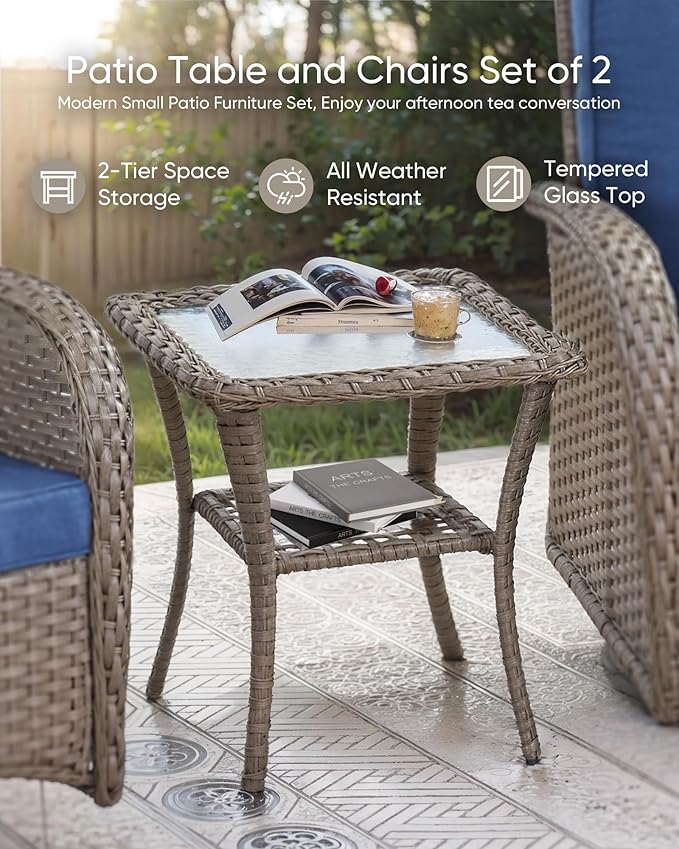 HUMMUH Outdoor Bistro Set-High Back Outdoor Rocking Chair with Side Table Patio Table and Chairs Set for Deck Lawn Porch Balcony Poolside-Grey/Blue