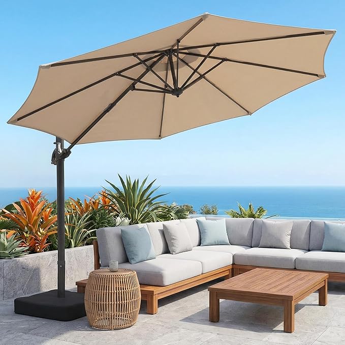 OLILAWN 10FT Outdoor Patio Umbrella with Base Included, Cantilever Offset Umbrella with 360° Rotation & Infinite Tilt, UV-Resistant Water-Repellent Shade for Patio, Poolside, Backyard, Beige