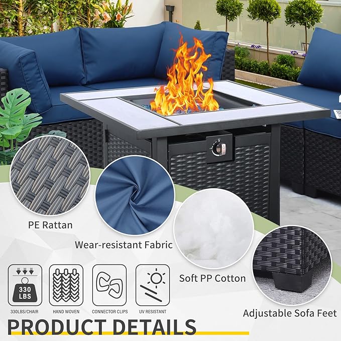 WAROOM Outdoor 5 Piece Patio Furniture Set, Black Rattan Conversation Couch Resin Wicker Sectional Sofa Outside Chair with Propane Fire Pit Table, Navy Blue Cushion