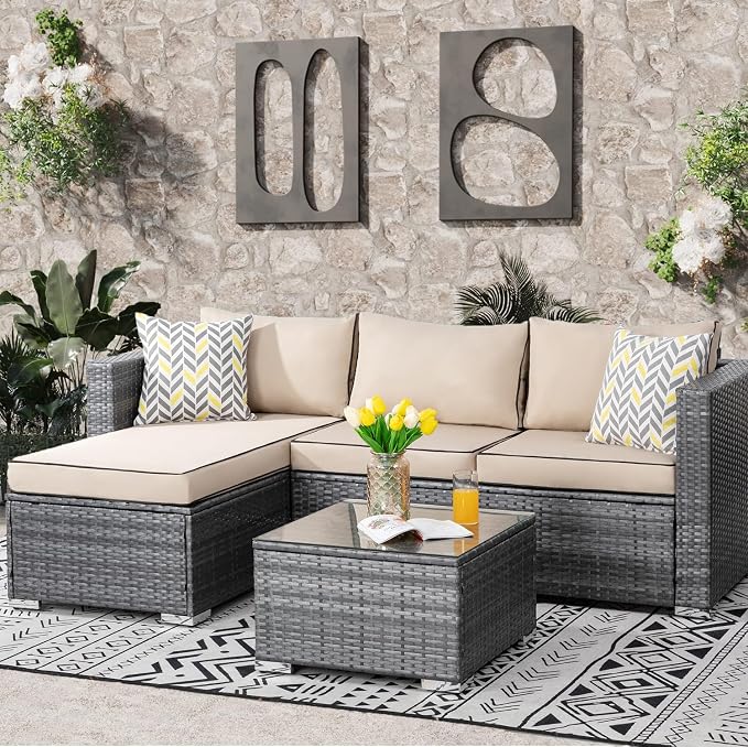 SUNLEI 3-Piece Patio Sectional Sofa, Patio Furniture Set with Detachable Soft Cushions, All Weather Outdoor PE Wicker Patio Conversation Sofa Set with Glass Coffee Table & ottoman, Silver Rattan/Beige