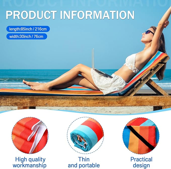 Fumete 2 Pack Lounge Chair Covers 30 x 85 Inch Pool Chaise Lounge Towels Microfiber Beach Chair Towel Portable Striped Outdoor Patio Furniture Cover for Sunbathing Picnic Spa(Colorful)
