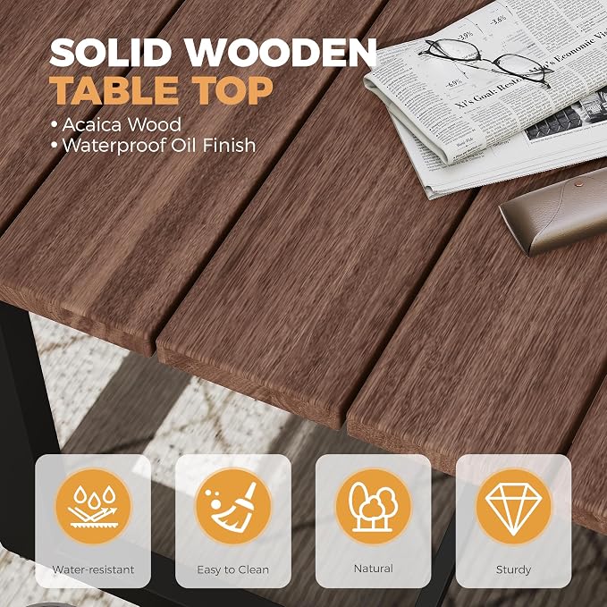 HAPPATIO Outdoor Acacia Wood Dining Table, 6-Person Patio Dining Table with Powder-Coated Aluminum Frame, Rectangle Outdoor Dining Table with Umbrella Hole for Deck Yard Garden