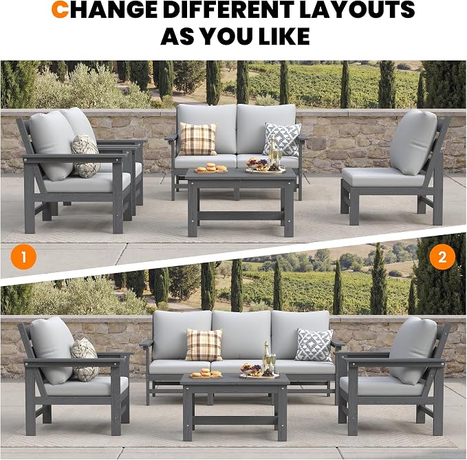 HDPE Patio Furniture Set 6 Piece Outdoor Furniture Sets Modular Sofa Set with Cushion All Weather Patio Conversation Set for Yard Garden Poolside Deck