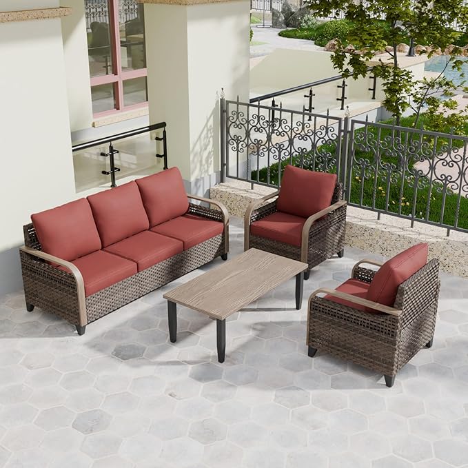 COOS BAY Modern Wicker Outdoor Furniture Set, 4 Piece Patio Conversation Set with 2 Patio Chairs, a 3 Seat Couch and Side Table, 4 Piece, Brown/Red