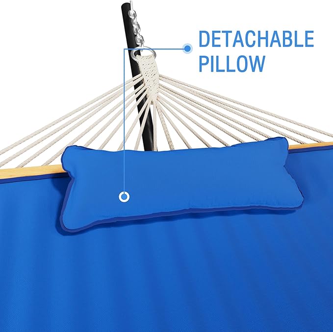 MUPATER 12FT Double Hammock with Stand Included, 2 Person Hammock, Outdoor Quilted Hammock with Stand, Rope Hammock with Pad and Pillow, hamacas para adultos, Dark Blue