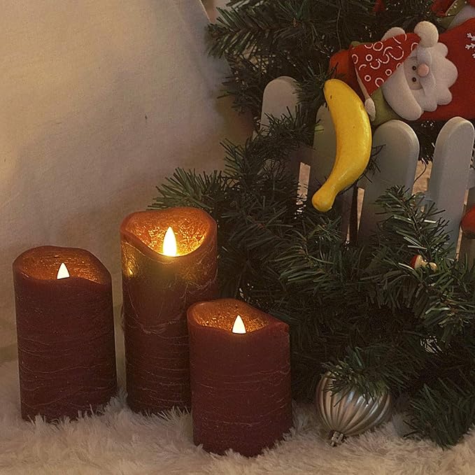 Battery Operated Flameless Led Candles Real Wax Pillar Candles with Remote Timer Electric Flickering Decorative Burgundy Wax Candles for Home Wedding Party Centerpiece Decor 3 Pack 3”X 4”, 5”, 6”