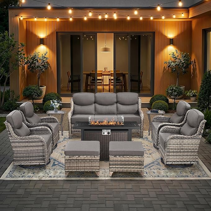 HUMMUH 10 Pieces Outdoor Furniture Set with Fire Pit 6-inch Cushions High Back Patio Furniture Set Wicker Swivel Rocker Chairs Sofa for Porch,Deck,Backyard
